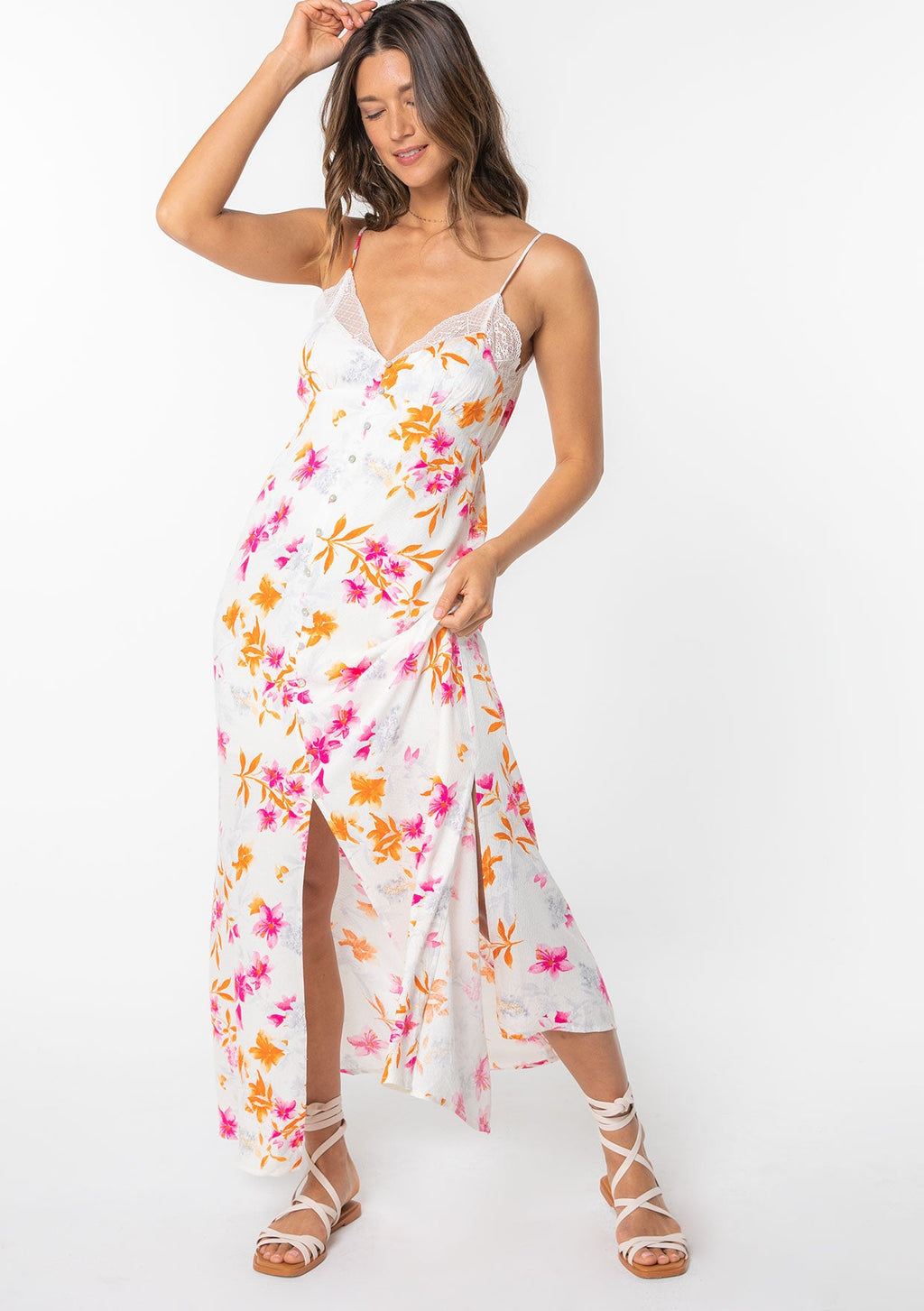 Blooming Maxi Slip Dress Ivory/Fuchsia / XS