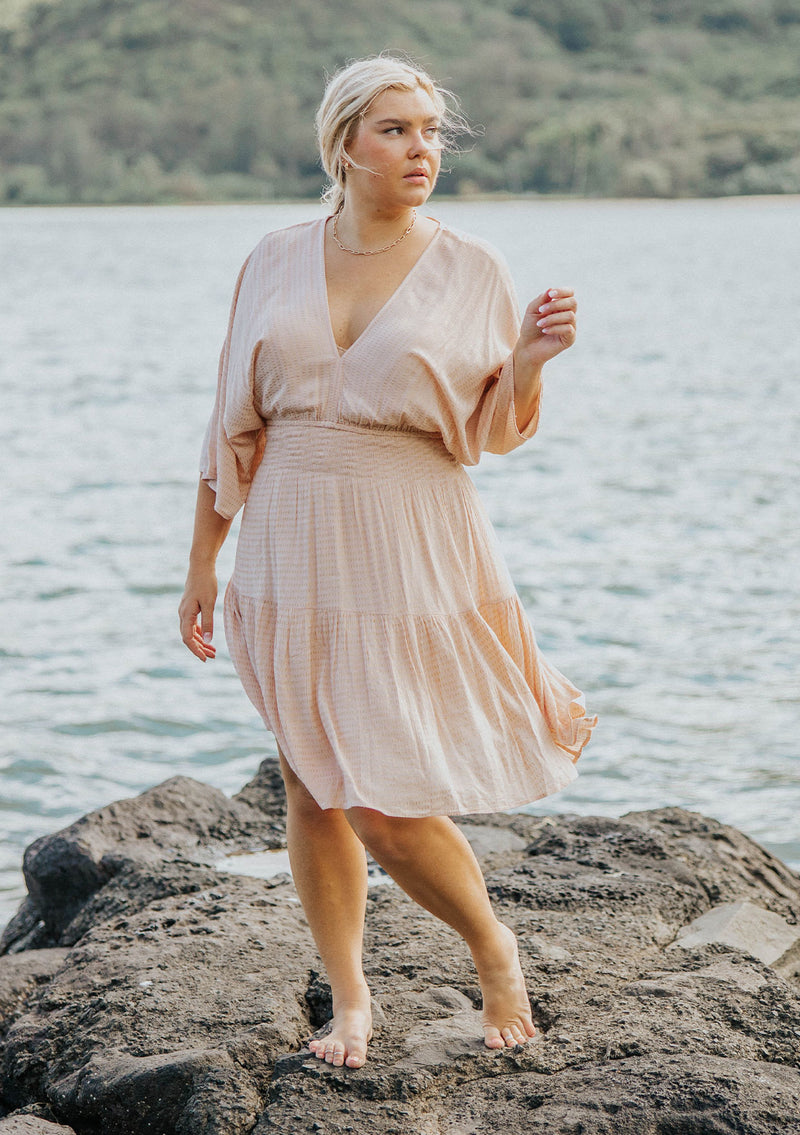 [Color: Peach/Gold] Lovestitch adorable cute and casual mini dress with long flattering kimono sleeves, a V-neckline and V-back with tie details. Smocked waist for a flattering fit.