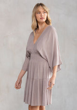 [Color: Grey/Gold] Lovestitch adorable cute and casual mini dress with long flattering kimono sleeves, a V-neckline and V-back with tie details. Smocked waist for a flattering fit.