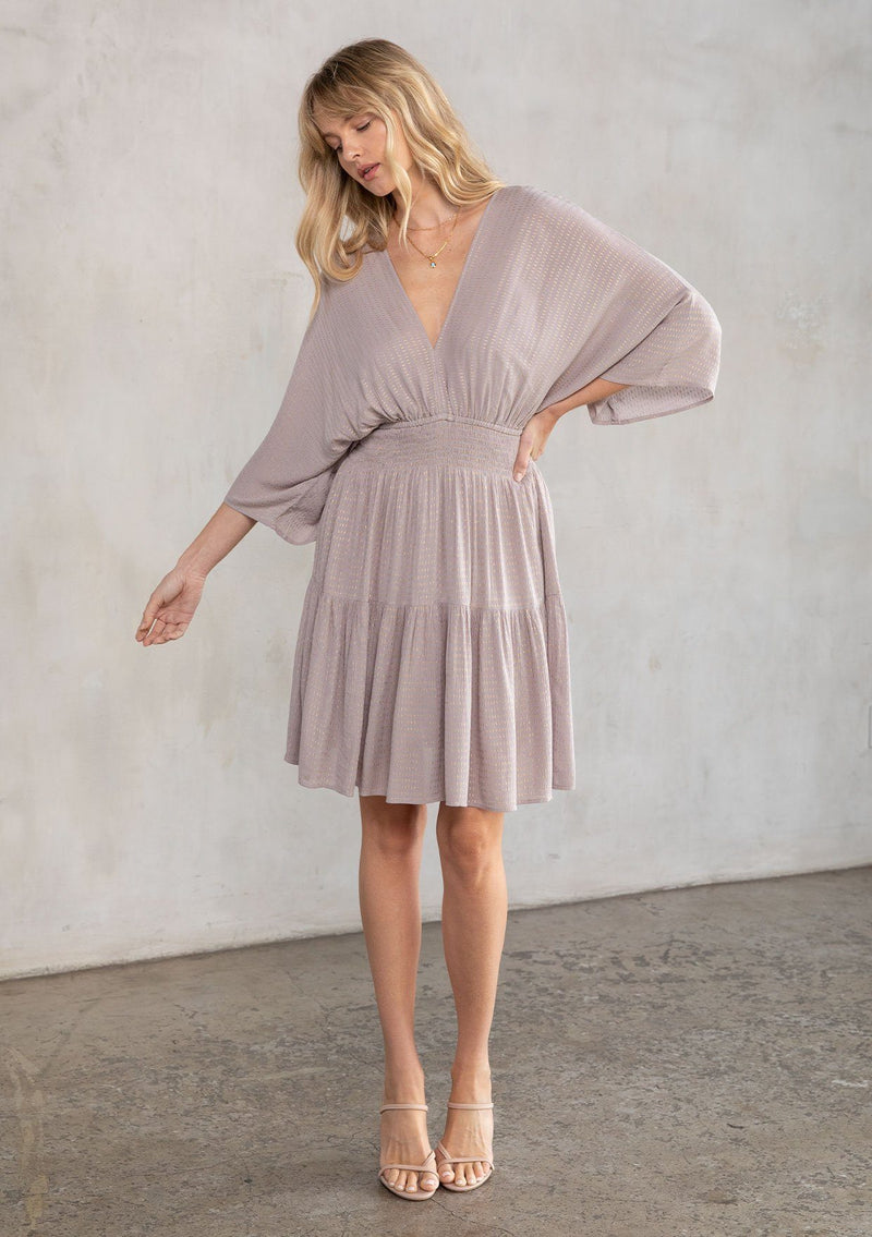 [Color: Grey/Gold] Lovestitch adorable cute and casual mini dress with long flattering kimono sleeves, a V-neckline and V-back with tie details. Smocked waist for a flattering fit.