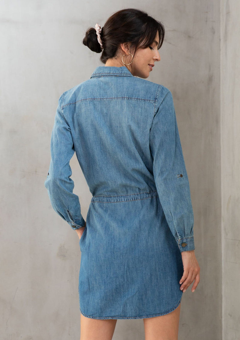 [Color: Indigo] Lovestitch Long sleeve, buttondown, cotton shirt dress with faded pocket detail.