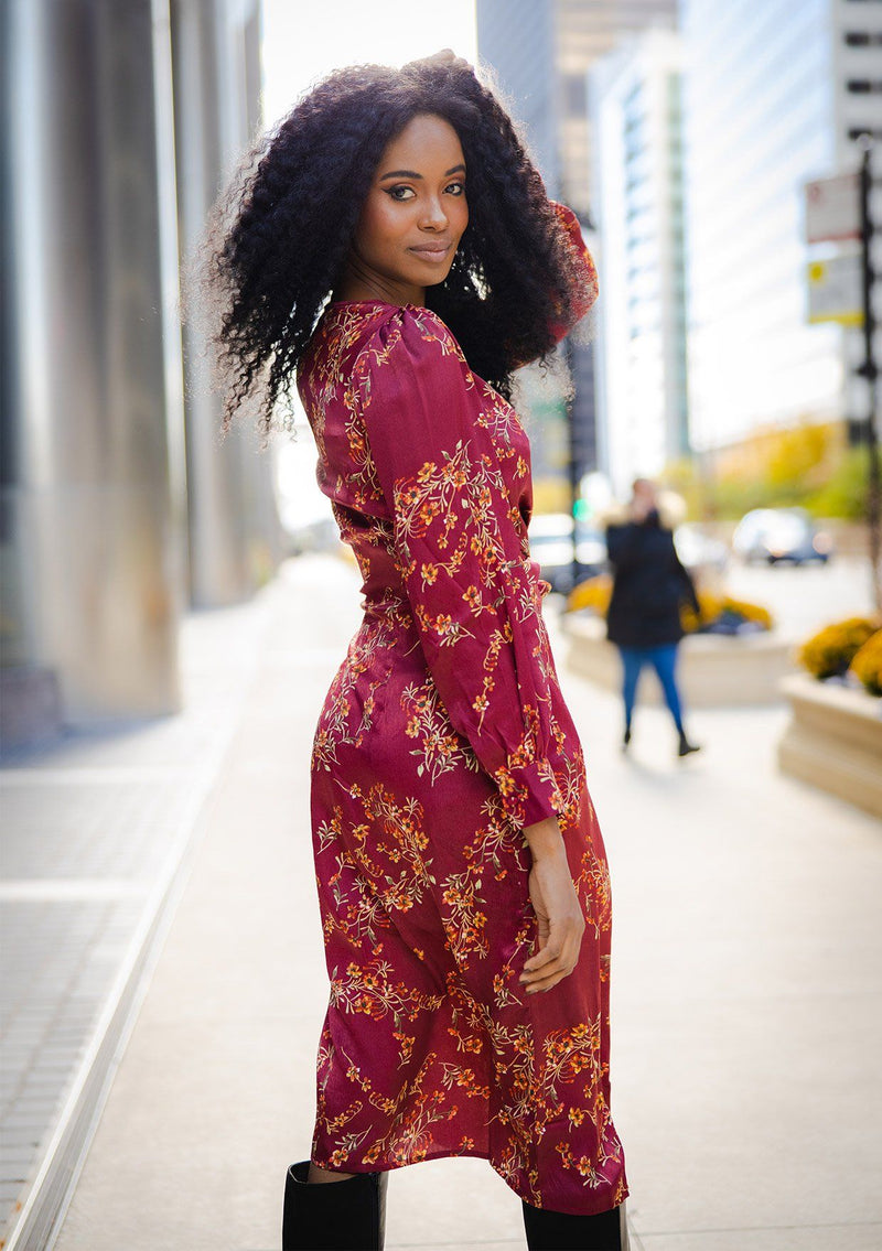 [Color: Burgundy] A gorgeous soft and silky midi wrap dress in a pretty botanical floral print. This classic silhouette features long voluminous sleeves and a belted waist for definition.