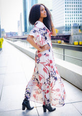 [Color: Taupe] Beautiful bold floral print maxi dress with ruffled short sleeves and wrap front.