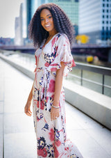 [Color: Taupe] Beautiful bold floral print maxi dress with ruffled short sleeves and wrap front.