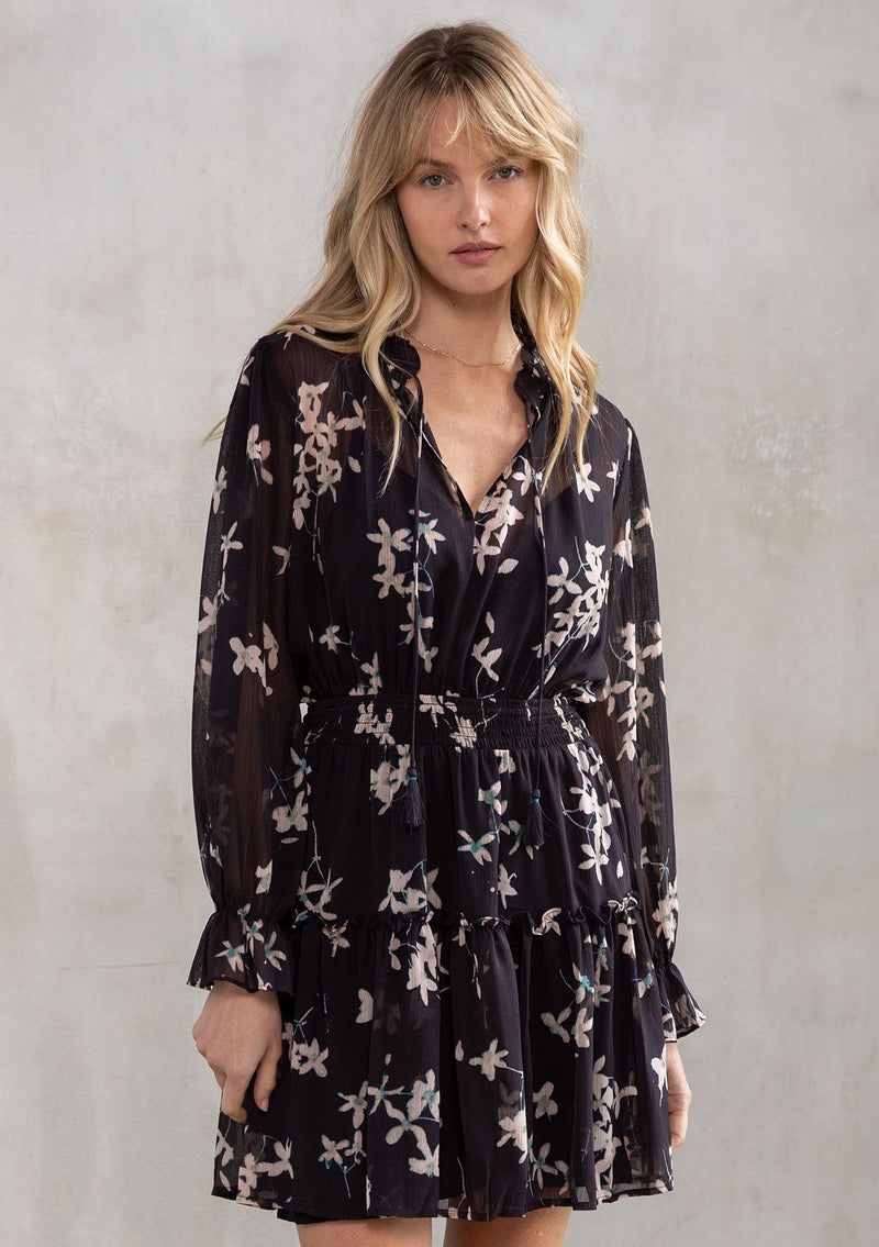 [Color: Midnight/Champagne] A versatile bohemian mini dress, made with a delicate sheer outer layer and pretty floral print. Features a smocked elastic waist for definition and flirty ruffle details.