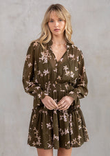 [Color: Olive/Rosewater] A versatile bohemian mini dress, made with a delicate sheer outer layer and pretty floral print. Features a smocked elastic waist for definition and flirty ruffle details.