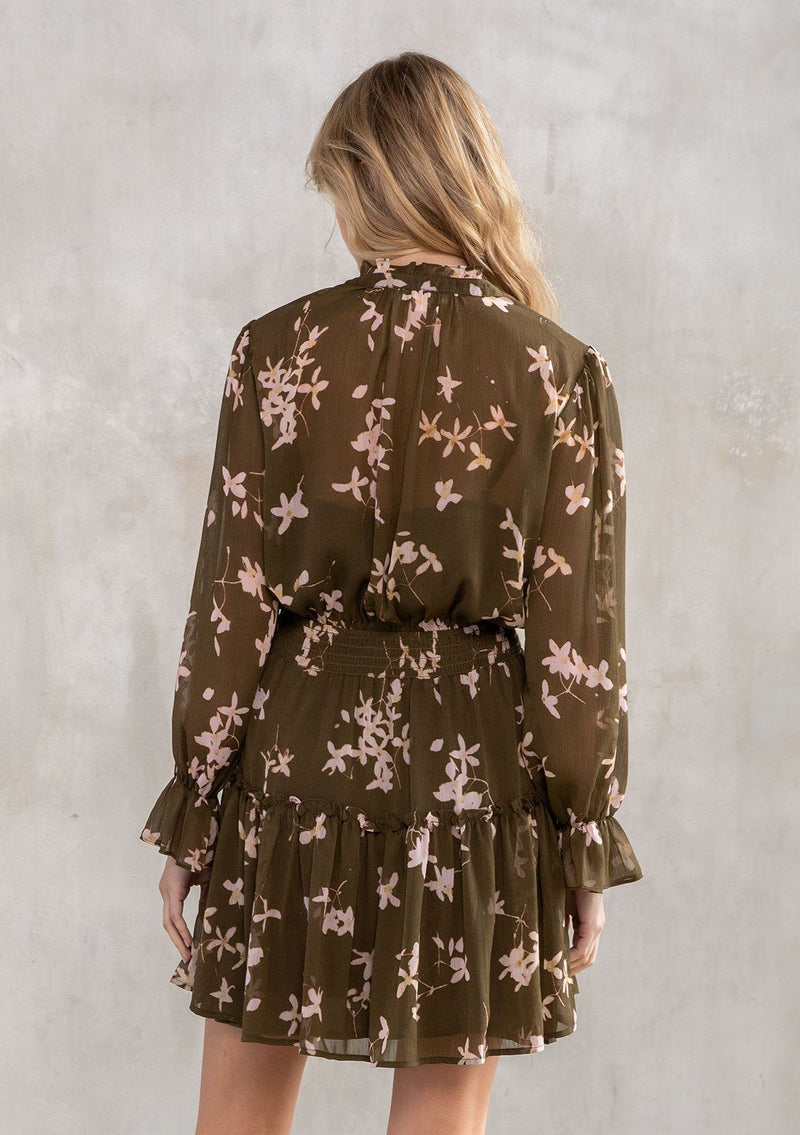 [Color: Olive/Rosewater] A versatile bohemian mini dress, made with a delicate sheer outer layer and pretty floral print. Features a smocked elastic waist for definition and flirty ruffle details.