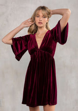 [Color: Wine] Lovestitch wine gorgeous and soft, velvet mini dress with deep V neckline and empire waist.