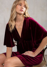 [Color: Wine] Lovestitch wine gorgeous and soft, velvet mini dress with deep V neckline and empire waist.