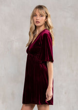 [Color: Wine] Lovestitch wine gorgeous and soft, velvet mini dress with deep V neckline and empire waist.
