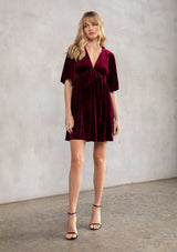[Color: Wine] Lovestitch wine gorgeous and soft, velvet mini dress with deep V neckline and empire waist.