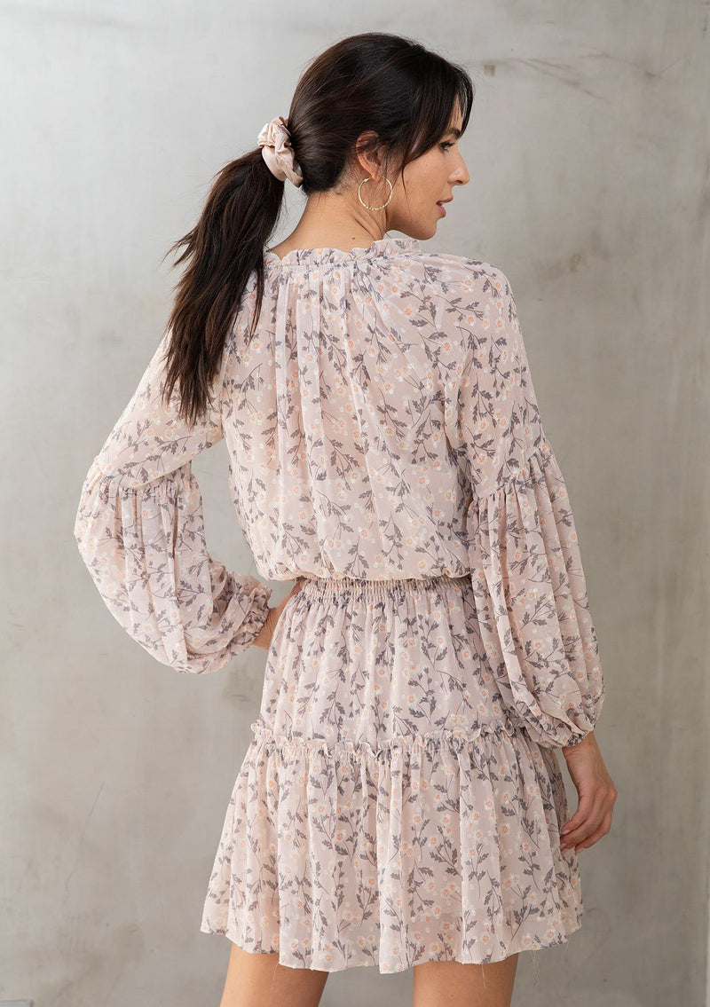 [Color: Almond/Cream] Lovestitch pink Floral printed, smocked waist mini dress with volume sleeves and tassel tie neck.