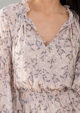 [Color: Almond/Cream] Lovestitch pink Floral printed, smocked waist mini dress with volume sleeves and tassel tie neck.