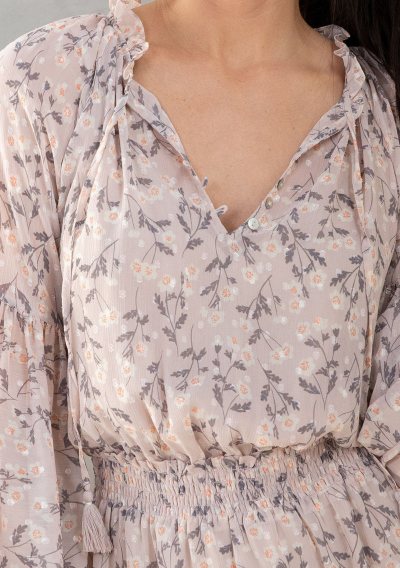 [Color: Almond/Cream] Lovestitch pink Floral printed, smocked waist mini dress with volume sleeves and tassel tie neck.