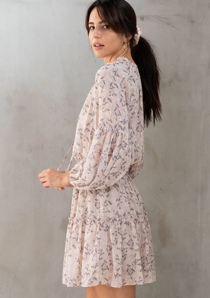 [Color: Almond/Cream] Lovestitch pink Floral printed, smocked waist mini dress with volume sleeves and tassel tie neck.