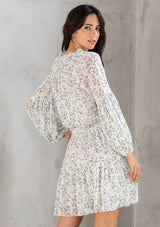 [Color: Cream/Sky] Lovestitch cream/sky Floral printed, smocked waist mini dress with volume sleeves and tassel tie neck.