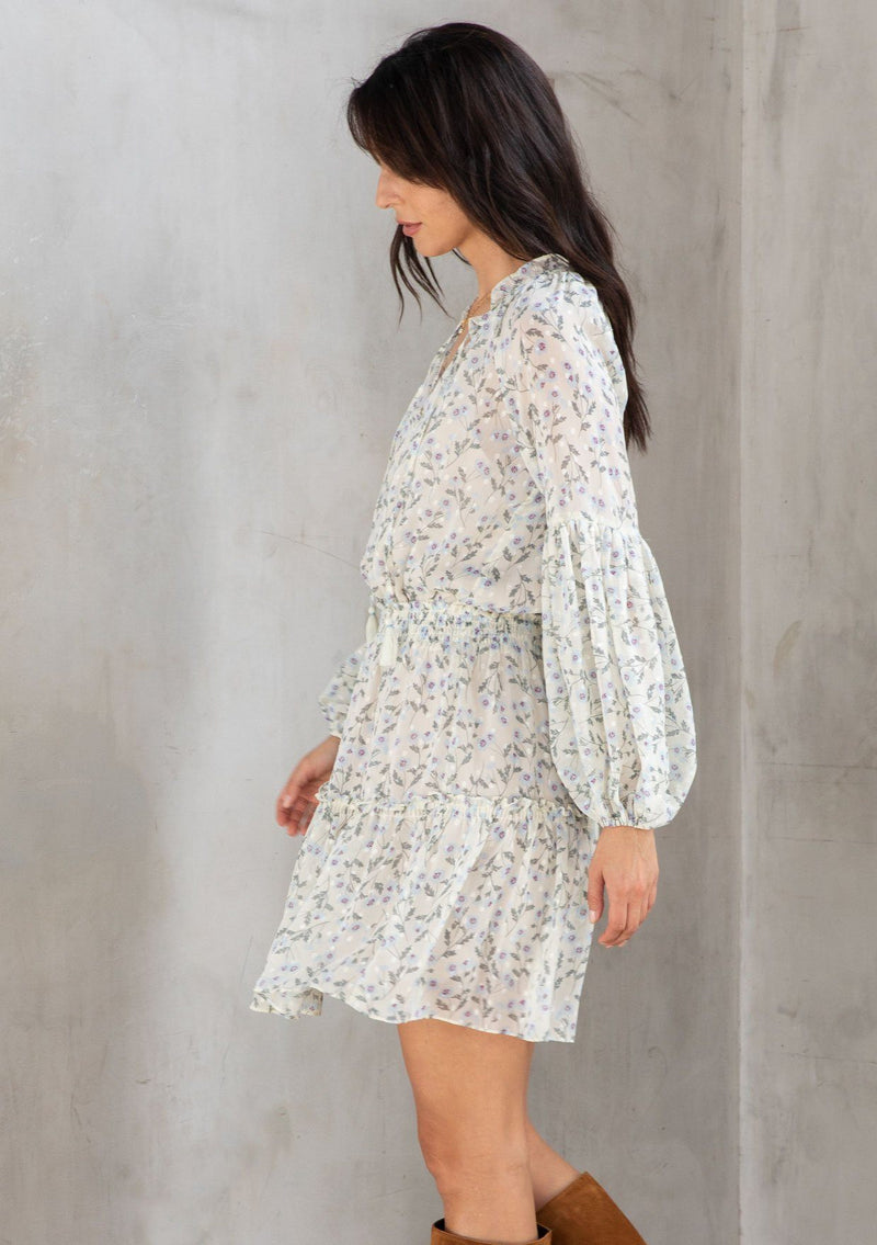 [Color: Cream/Sky] Lovestitch cream/sky Floral printed, smocked waist mini dress with volume sleeves and tassel tie neck.