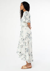 [Color: Grey Ivory] Beautiful and ultra feminine maxi dress featuring half length flutter sleeve and flirty ruffle hem. Soft and flowy silhouette.