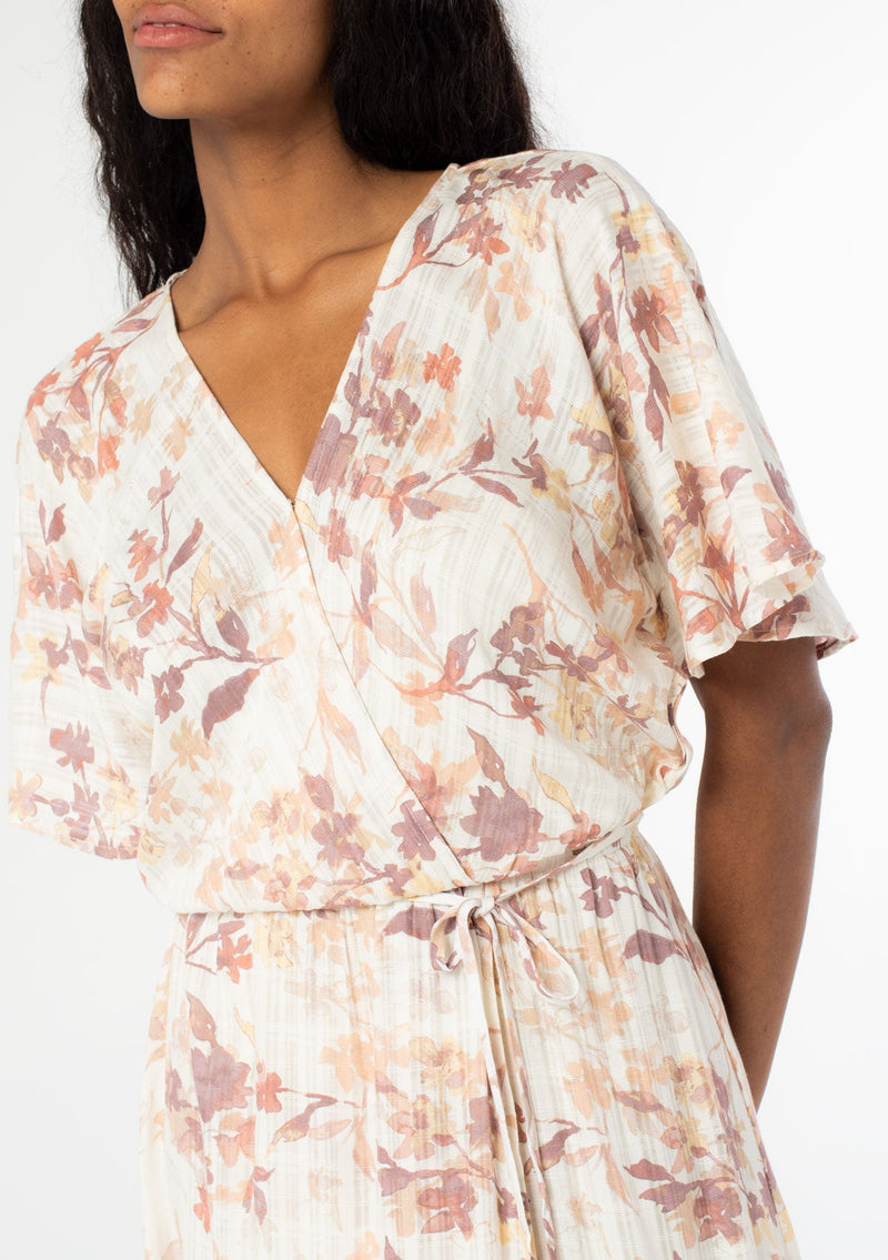 Floral Flutter Sleeve Wrap Dress Grey Ivory / S Floral Flutter Sleeve Wrap Dress Grey Ivory / S