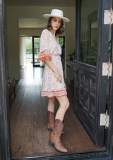 [Color: Brick Ivory] Floral mini dress with surplice front and smocked waist