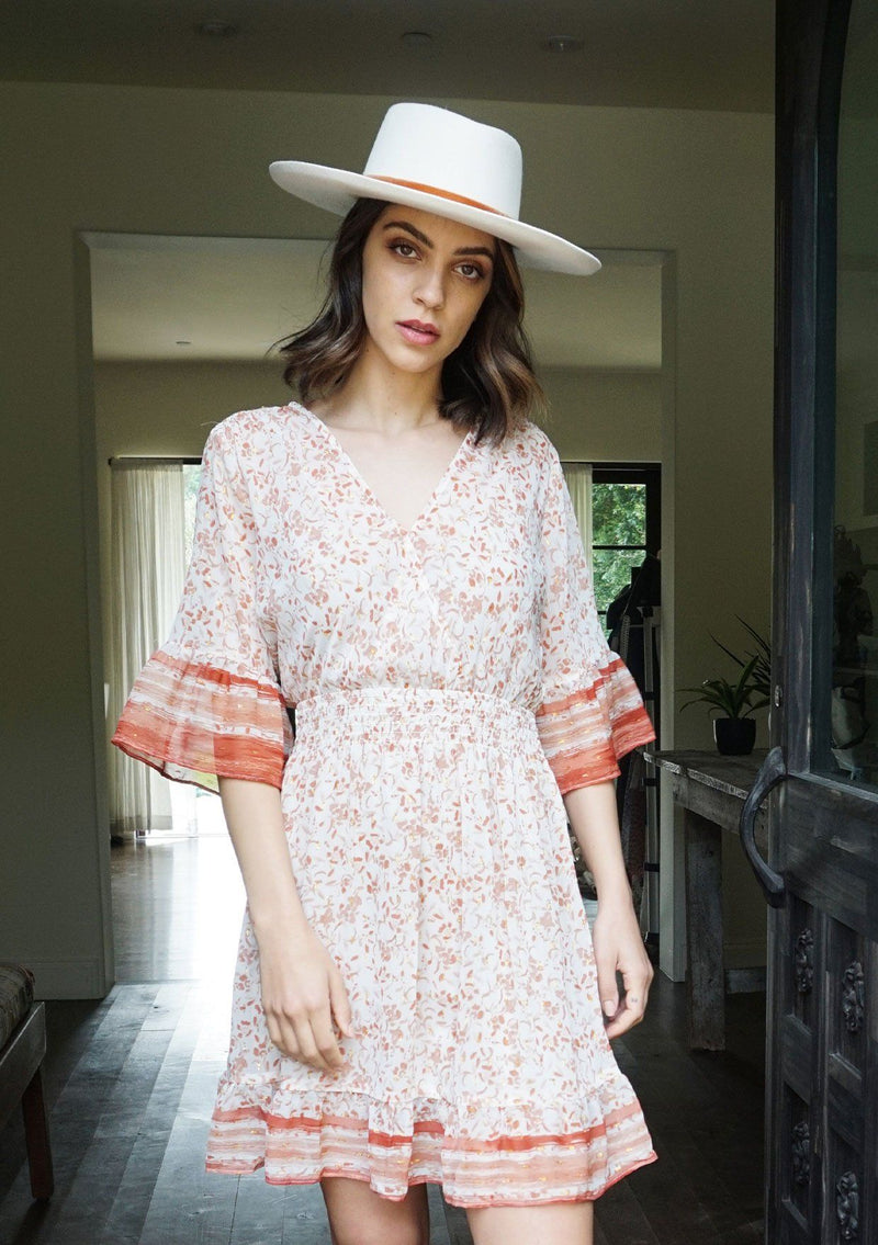 [Color: Brick Ivory] Floral mini dress with surplice front and smocked waist