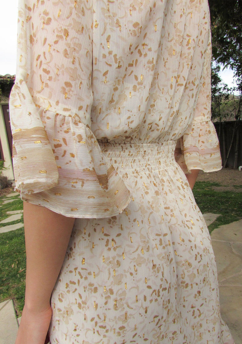 [Color: Sand Ivory] Floral mini dress with surplice front and smocked waist