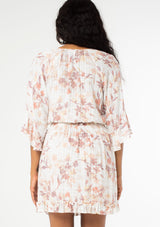 [Color: Peach Ivory] Cute and effortless white floral mini dress with half length ruffle sleeves, split v neckline and ruffle hem