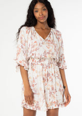 [Color: Peach Ivory] Cute and effortless white floral mini dress with half length ruffle sleeves, split v neckline and ruffle hem