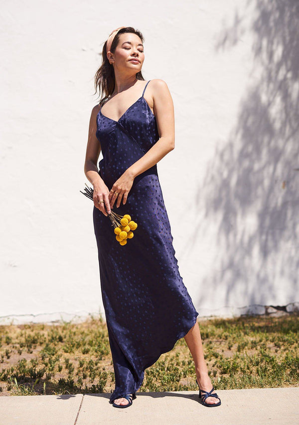 [Color: Navy] Sexy and chic silky asymmetrical maxi dress with subtle dot details