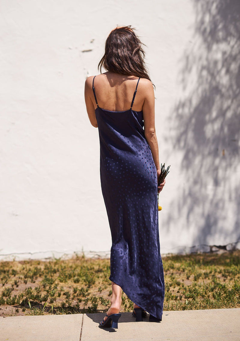 [Color: Navy] Sexy and chic silky asymmetrical maxi dress with subtle dot details