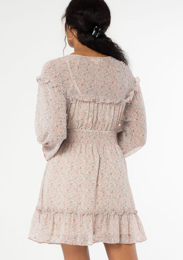 [Color: Blush Ivory] Ultra feminine and flirty sheer ditsy floral mini dress. Featuring a smocked elastic waist, long volume sleeves and elastic cuffs.