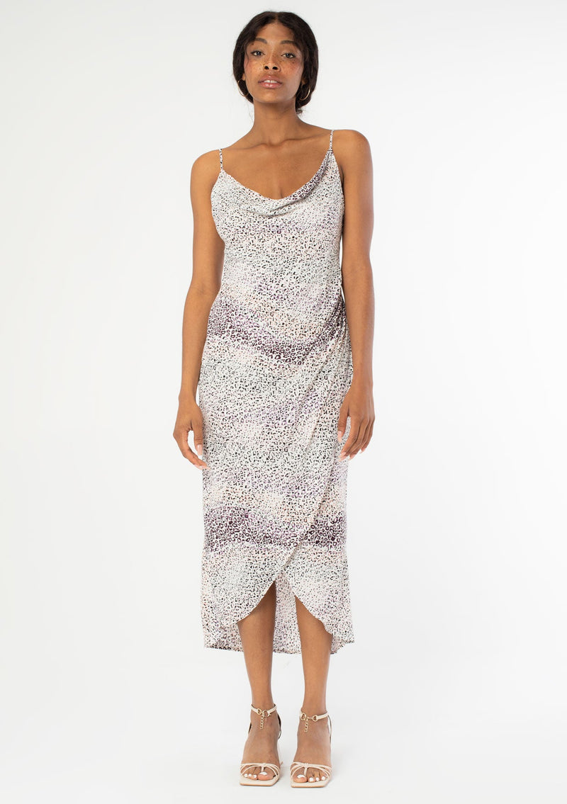 [Color: Ivory Lavender] Cute fitted bias midi dress with sexy cowl neck and abstract dotted leopard print