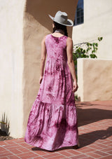 [Color: Berry] A beautiful maxi dress in dreamy tie dye. Featuring a delicate self covered button up front, a flattering v neckline, and a feminine tiered skirt.