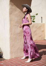[Color: Berry] A beautiful maxi dress in dreamy tie dye. Featuring a delicate self covered button up front, a flattering v neckline, and a feminine tiered skirt.