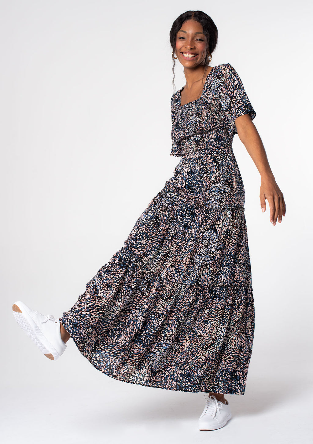 short sleeve smocked maxi dress SHORT SLEEVES SMOCKED WAIST MAXI DRESS Navy / 14