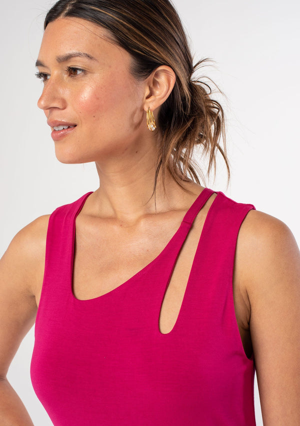[Color: Mulberry] A model wearing a soft and stretchy slim fit sleeveless pink midi dress. With a scooped neckline and a cutout detail along the shoulder.
