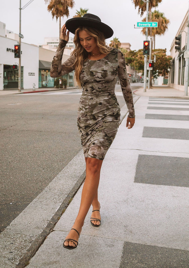 camouflage mini dress Poster Grl Camo Print Strappy Cutout Mesh XXS The Vaklina dress in a khaki blurry camo print on a rayon jersey fabric VINTAGE HURRICANE FADE SHORT DRESS