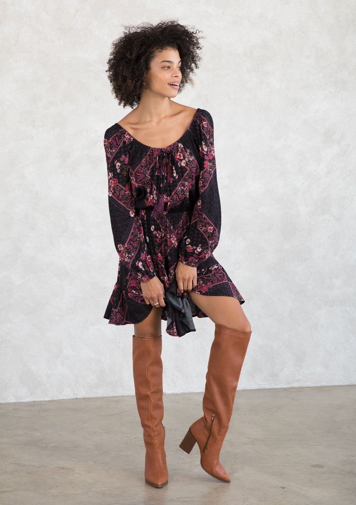 Plum Berry Floral Bohemian Mini Dress