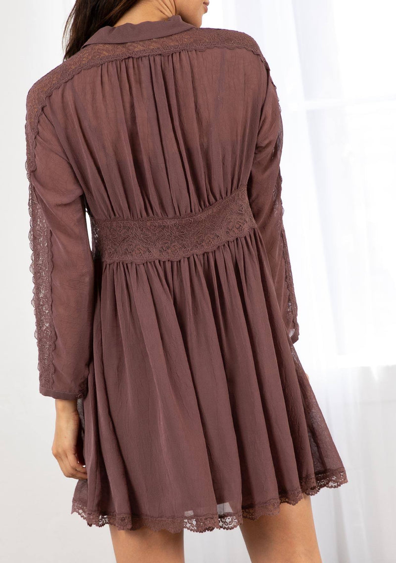 [Color: Mauve] A model wearing a sheer mauve mini dress. With lace trimmed long sleeves, a button front, a collared neckline, and a lace trimmed waist. Removable slip included. 