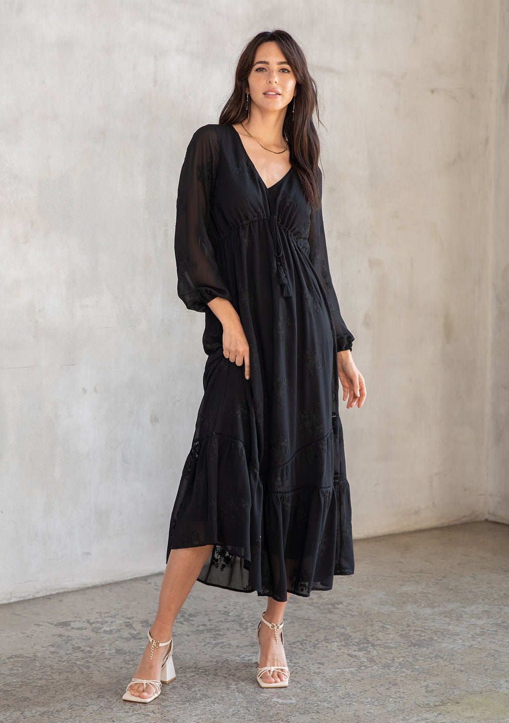 Black Embroidered Chiffon Maxi Dress