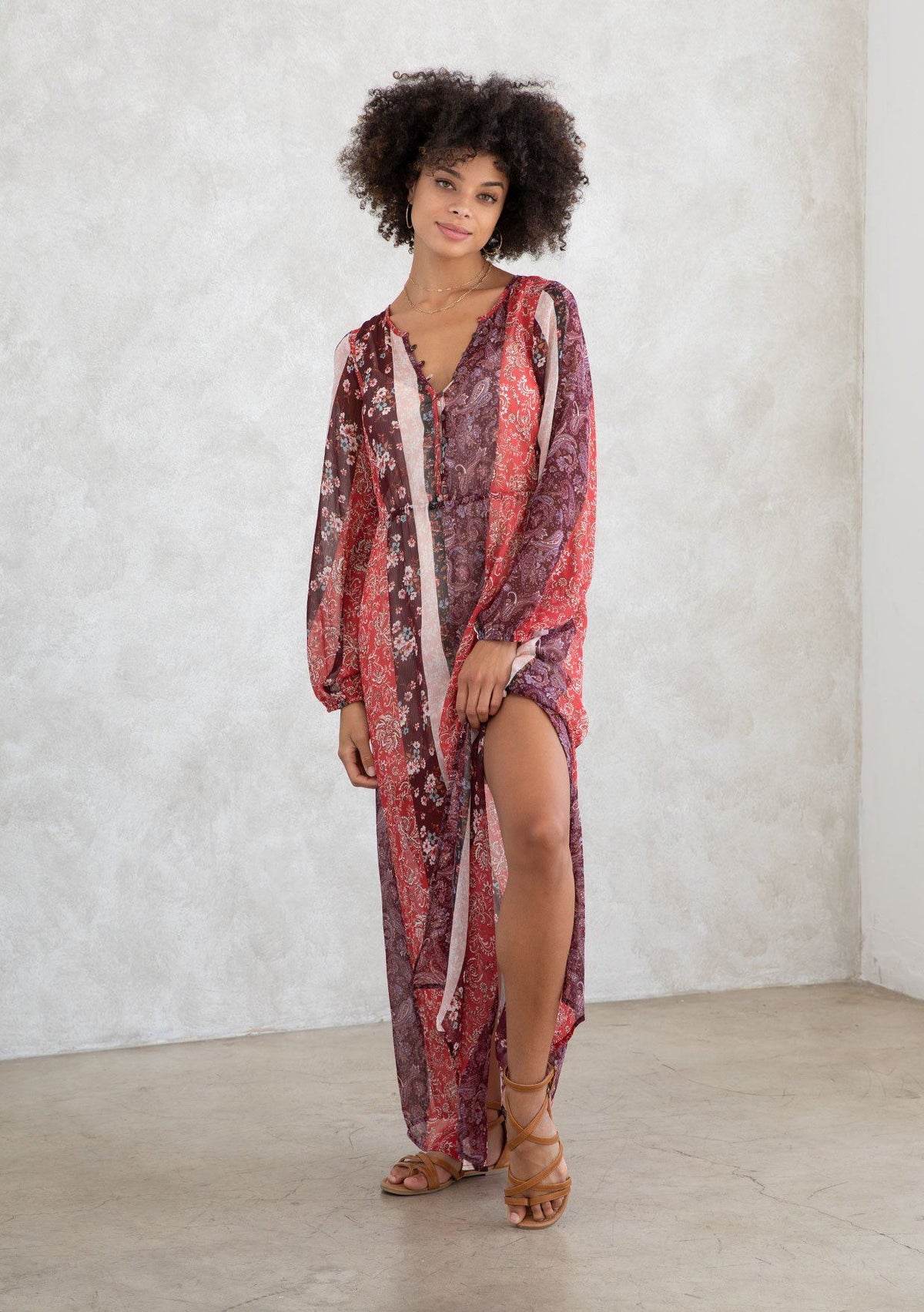 Sheer Fall Floral Patchwork Maxi Dress