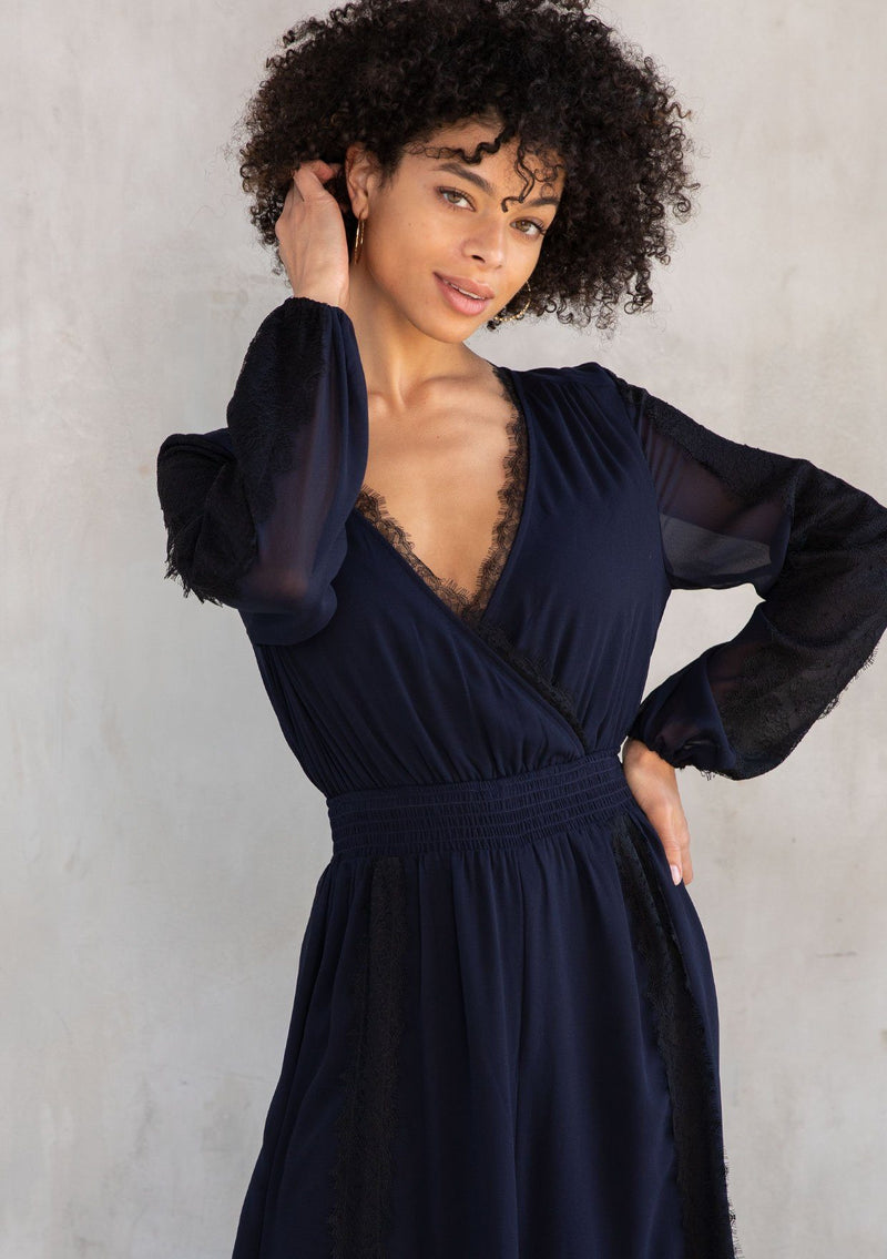 Blue Long Sleeve Lace Trim Maxi Dress | LOVESTITCH Blue Long Sleeve Lace Trim Maxi Dress | LOVESTITCH