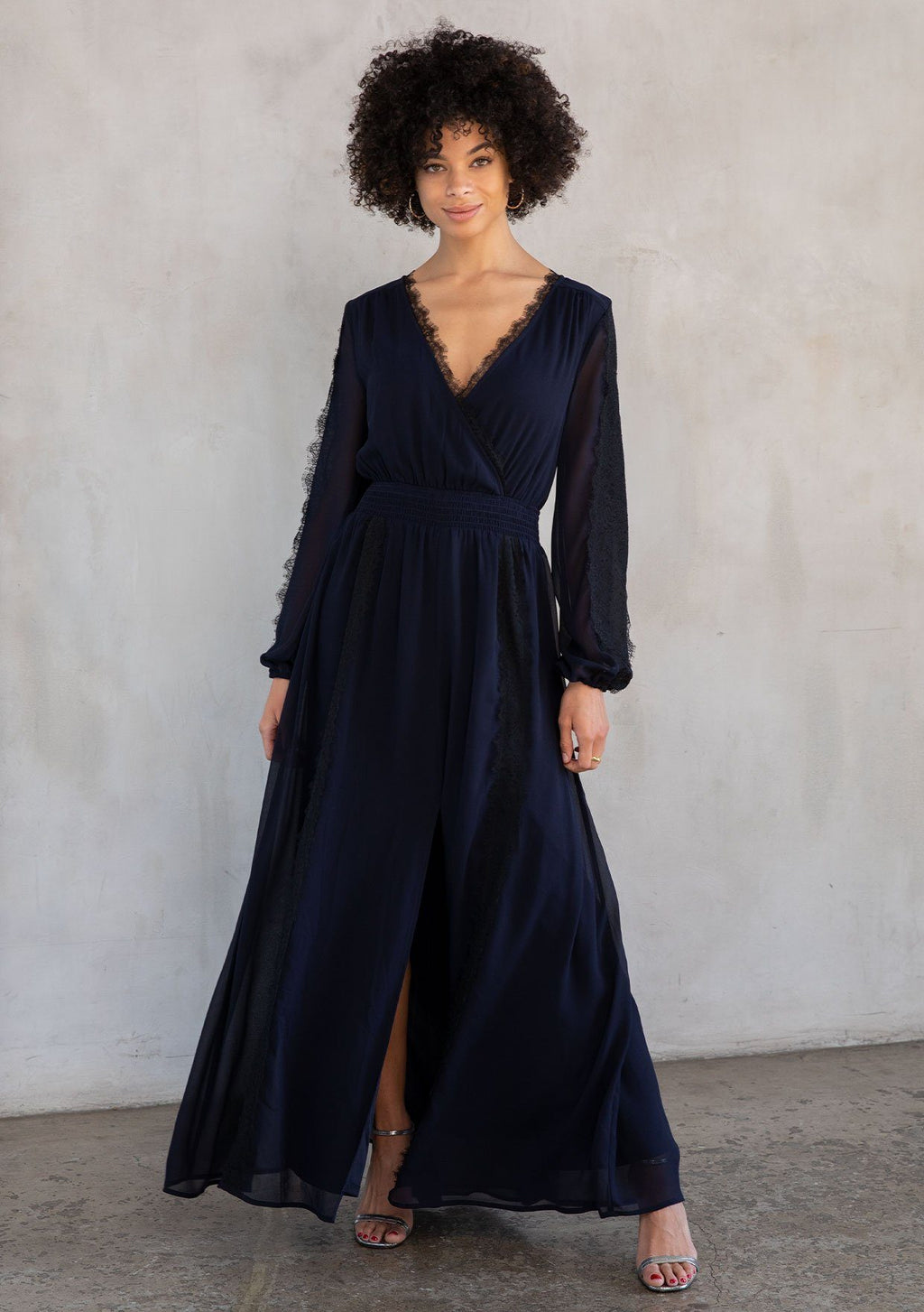 Blue Long Sleeve Lace Trim Maxi Dress | LOVESTITCH Blue Long Sleeve Lace Trim Maxi Dress | LOVESTITCH