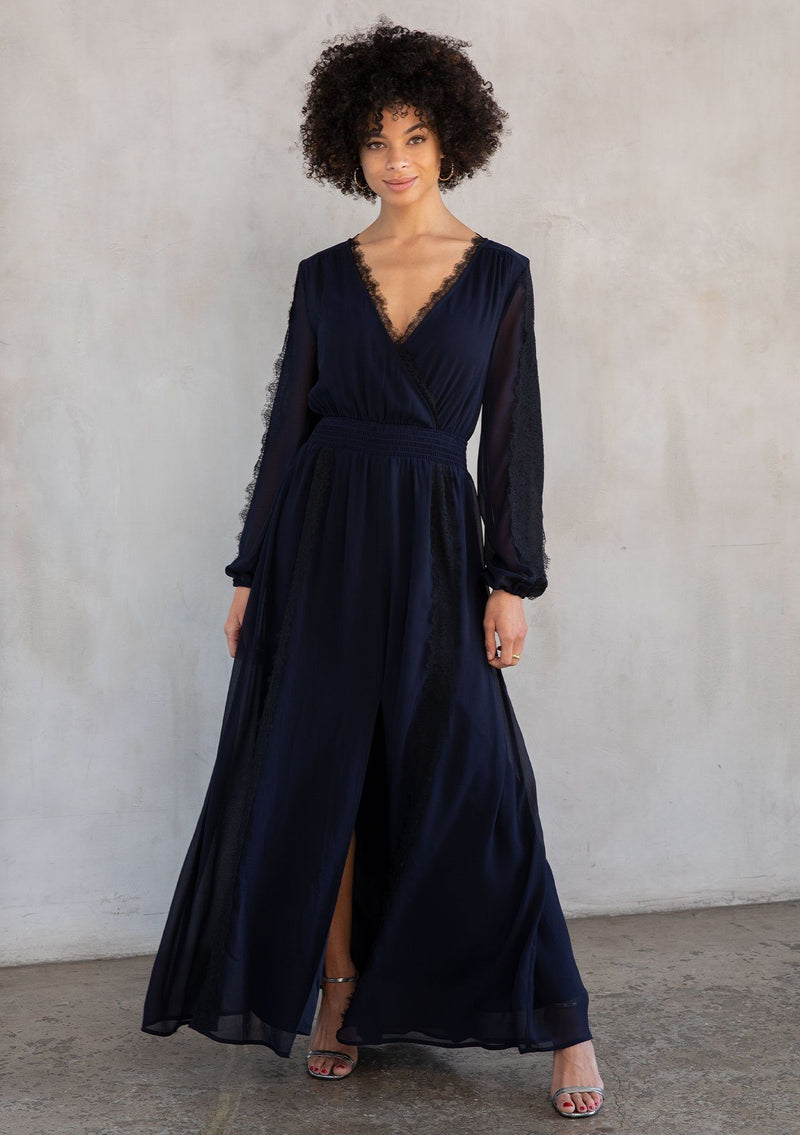 Blue Long Sleeve Lace Trim Maxi Dress | LOVESTITCH Blue Long Sleeve Lace Trim Maxi Dress | LOVESTITCH