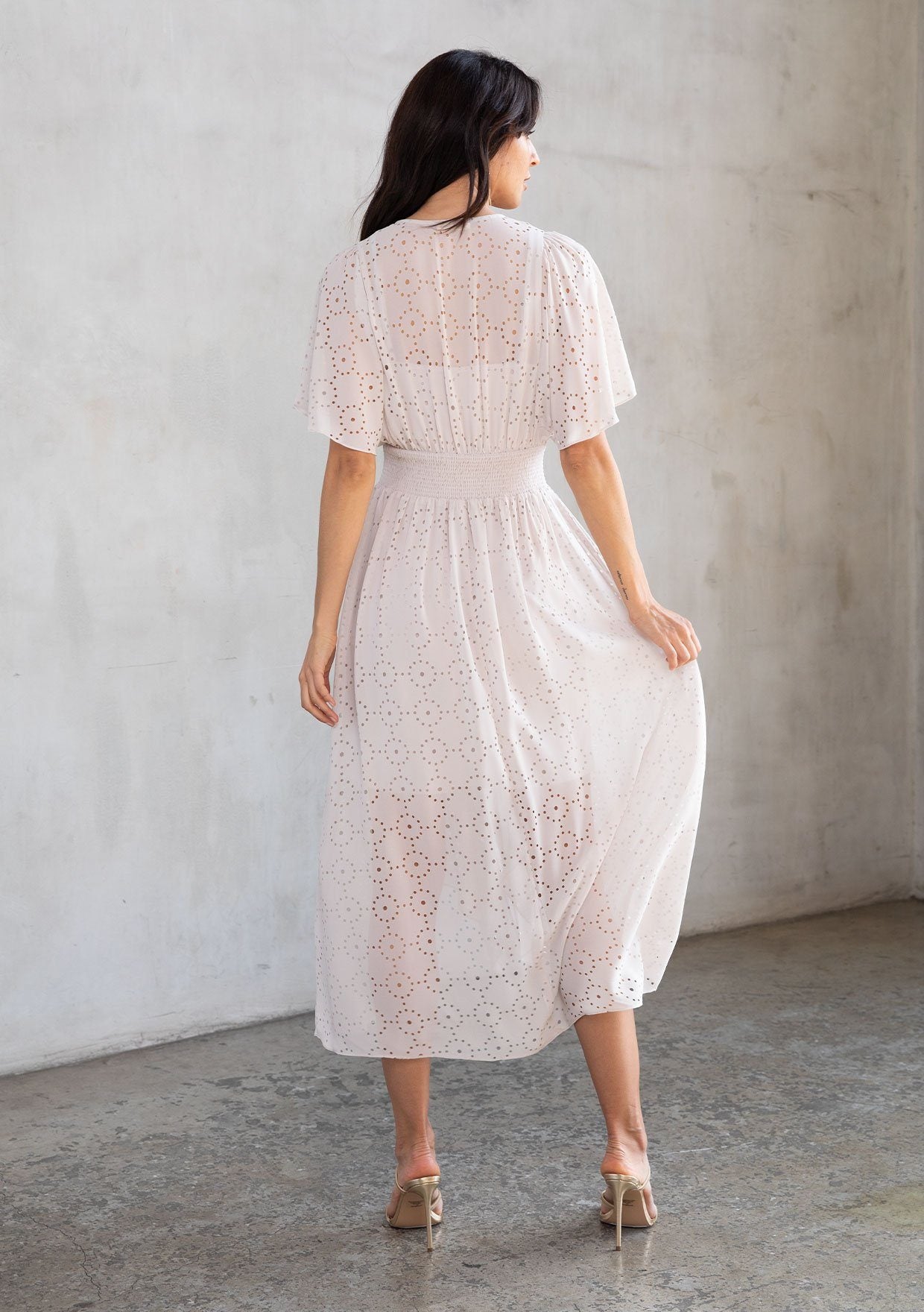 Laser Cut Chiffon Maxi Dress With Draped Body And Gold Beadings
