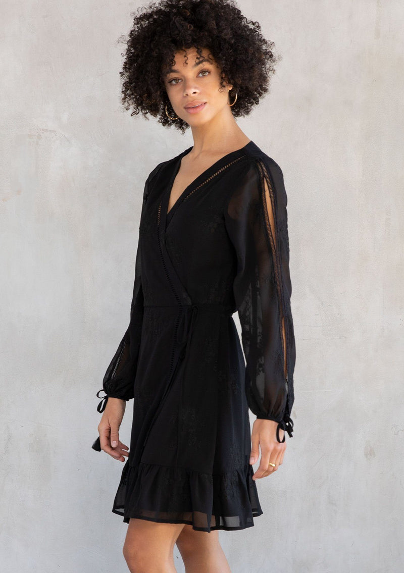 lace sleeve wrap dress Cami Angel Sleeve Faux Wrap Dress Navy Lace