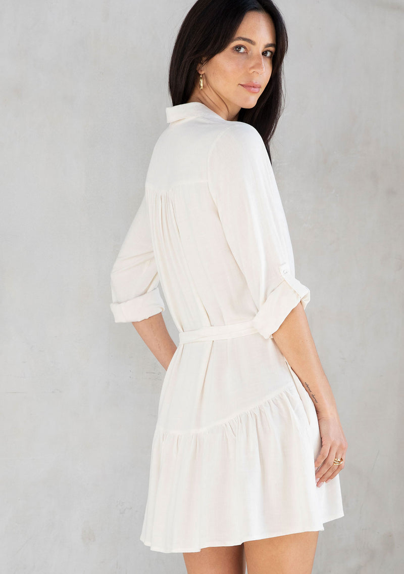 linen blend mini shirt dress Lyocell Linen Blend Mock-Layered Women Mini Shirt Dress, Stone Grey / XS