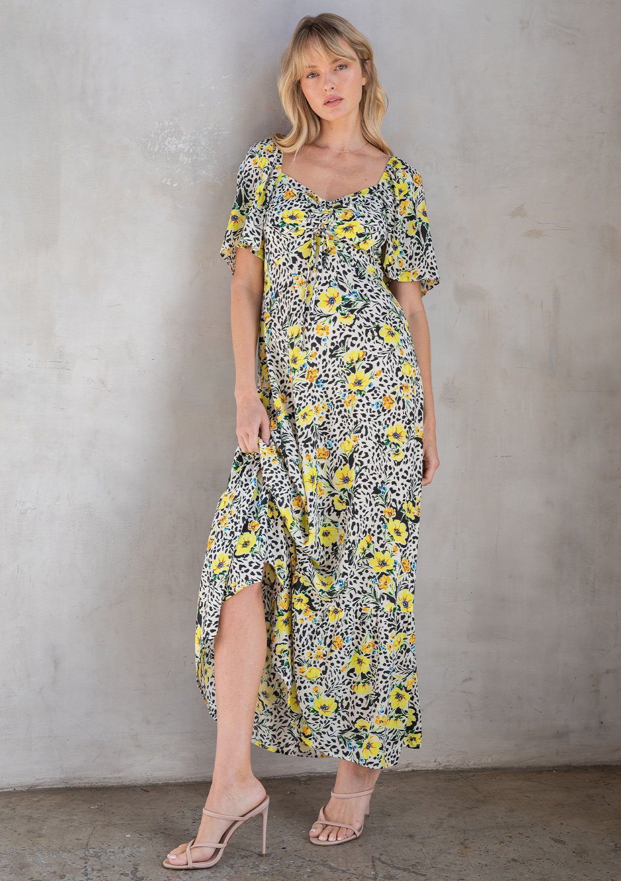 Yellow Floral Maxi Dress + Ruched Front | LOVESTITCH