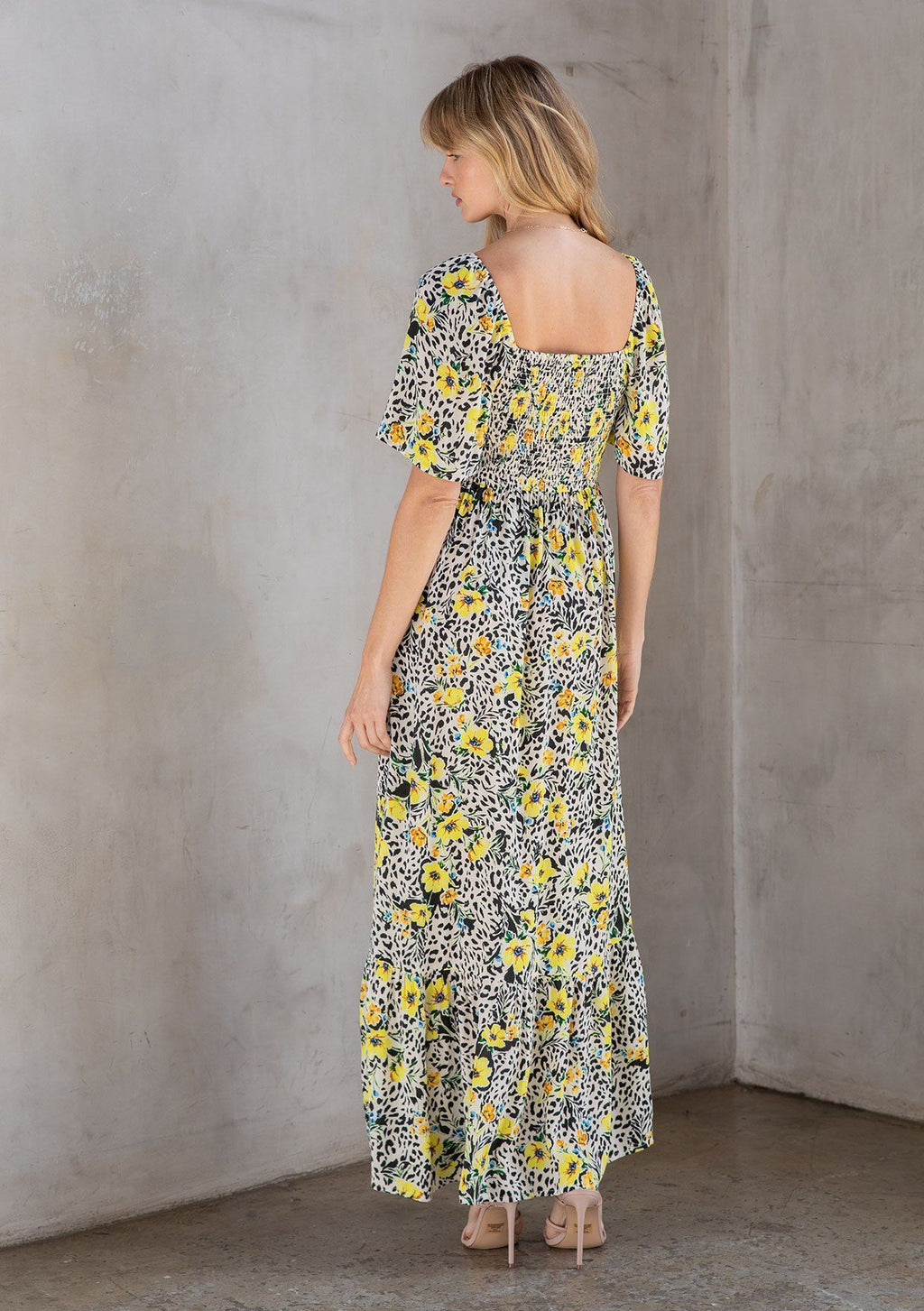 Yellow Floral Maxi Dress + Ruched Front | LOVESTITCH