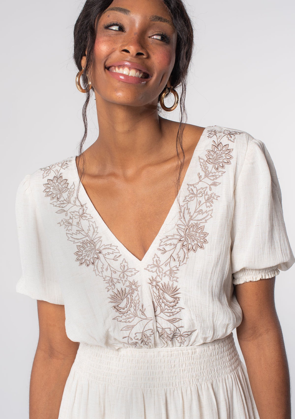 mini boho floral embroidery dress Bohemian Embroidered friendly 3/4 length sleeves